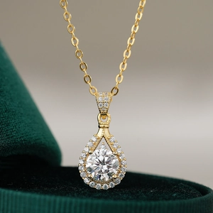 Water-drop moissanite necklace with 14K gold plated silver teardrop pendant in velvet box