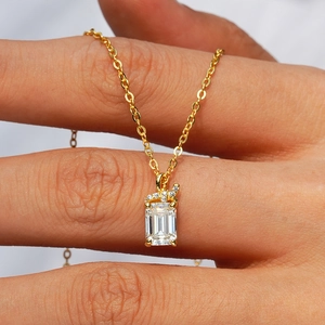 14K gold plated 925 silver necklace with rectangular emerald cut moissanite pendant