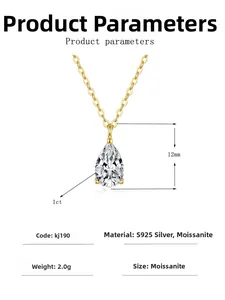Detailed specs of a 1ct pear-cut moissanite pendant with 12mm height on 925 silver chain