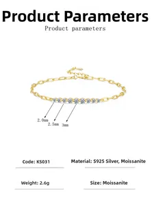 Détail du bracelet en argent S925 montrant les tailles de moissanite de 2,0 à 3,0 mm