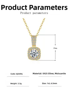 Détail du pendentif moissanite 1ct en argent 925 avec halo carré et hauteur de 19mm