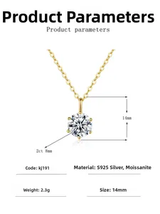 Close-up of 2ct moissanite 925 silver necklace with 14mm six-prong 14K gold pendant