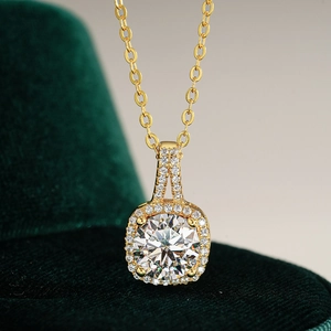 925 Sterling Silver Moissanite Pendant Necklace 14K Gold Plated Square Halo Design Jewelry For Women Elegant Gift Box