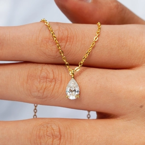 1 Carat pear cut moissanite pendant necklace in 14K gold plated 925 sterling silver