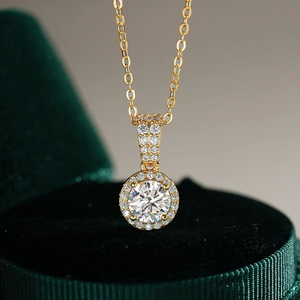 925 Sterlingsilber Runder Halo Anhänger Halskette 1ct Moissanit Zirkonia 14K Vergoldet Schmuck Mit GRA-Zertifikat Für Damen Elegantes Geschenk