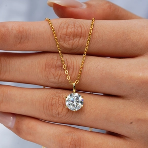 Classic 14K gold plated 925 silver necklace with a 1ct round moissanite solitaire pendant