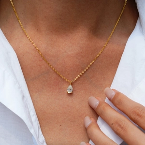 Pear cut 1 carat moissanite pendant necklace in 14K gold plated 925 sterling silver