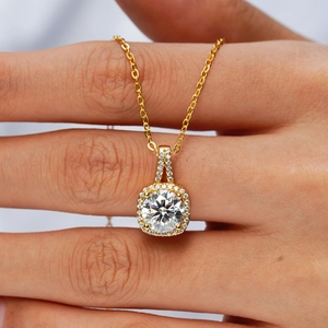 Classic gold-plated 925 silver necklace with square halo moissanite pendant on chain