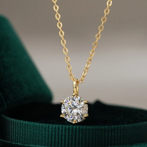 Classic 6-prong 1 carat moissanite necklace in 14K gold plated 925 sterling silver