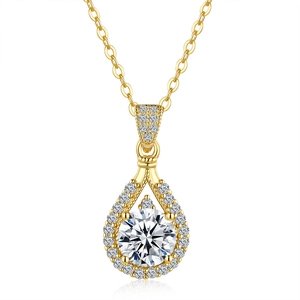 Elegant 14K gold plated 925 sterling silver pear-shaped pendant necklace with moissanite