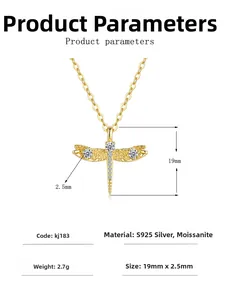 Détails du pendentif libellule S925 plaqué or 14K montrant les dimensions et la moissanite