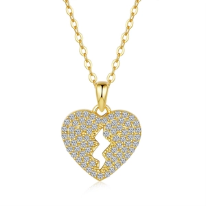 14K gold plated 925 silver heart necklace with lightning cut-out and moissanite