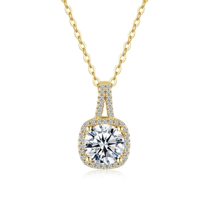 Classic 925 sterling silver halo moissanite pendant necklace with 14K gold plating
