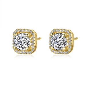 Classic square halo S925 sterling silver moissanite stud earrings in gold finish