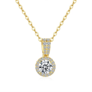 Klassische 14K vergoldete 925 Silber Moissanit Halo Anhänger Halskette mit Rundschliff