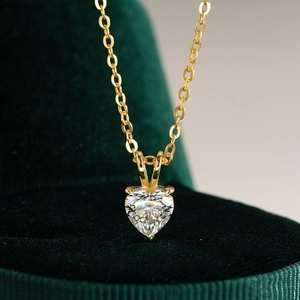 14K gold plated 925 silver heart pendant necklace with moissanite on velvet