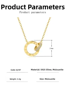 Detail of 14K gold plated S925 silver necklace with Roman numeral ring and moissanite