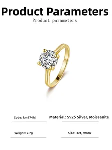 Macro shot of 3ct moissanite S925 silver ring with 18K gold plating and detailed specs