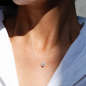 S925 silver heart shaped moissanite pendant on invisible transparent fishing line chain
