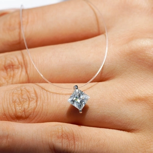 Collier en Fil de Pêche Invisible en Argent Sterling S925 avec Moissanite de 1 Carat Pendentif Larme de Sirène Taille Princesse pour Femme avec Certificat GRA