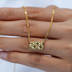 925 Sterling Silver Moissanite Pendant Necklace For Women Gold Plated Quilted Design Geometric Rectangular Necklace Fashion Jewelry Gift
