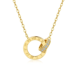 925 Sterling Silver 14K Gold Plated Roman Numeral Interlocking Double Circle Pendant Moissanite Necklace For Women Elegant Jewelry