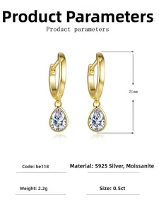 Detail view of pear-cut moissanite earrings in 14K gold plated S925 silver with specs