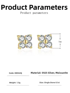 Technical view of 7mm clover stud earrings in S925 silver with 0.1ct Moissanite stones