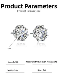 Detailed product specifications of 5ct moissanite earrings with 11mm six-prong S925 setting