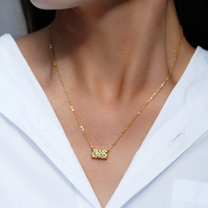 S925 silver 14K gold plated necklace with rectangular quilted pattern pendant on model