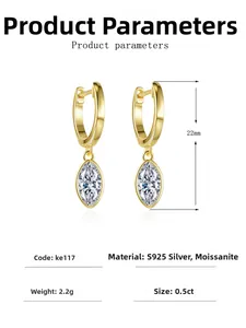 Detailed view of 22mm marquise-cut moissanite earrings in gold S925 silver setting