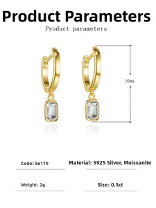 Detailed size parameters of 0.5ct rectangle moissanite earrings in 14K gold plated silver