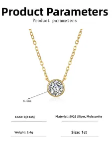Technical diagram of 1ct moissanite bezel set necklace in 14K gold plated S925 silver