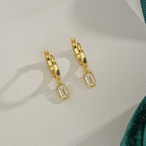 Elegant 14K gold plated s925 silver hoop earrings with emerald cut moissanite stones