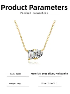 Détail du collier en argent S925 avec moissanite taille émeraude et coeur 1ct