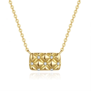 14K gold plated S925 sterling silver necklace with quilted pattern diamond pendant
