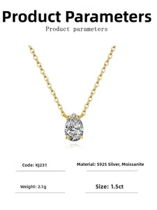 Macro view of S925 silver necklace featuring a 1.5ct pear cut moissanite pendant