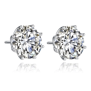 Classic S925 sterling silver six-prong moissanite stud earrings with round brilliant cut stones