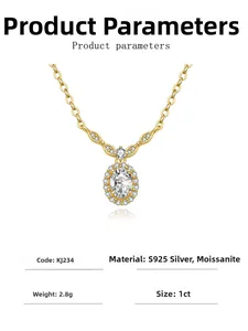 Detailed specifications of S925 silver moissanite necklace showing weight and 1ct stone size