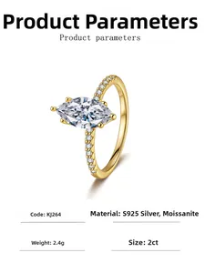 Detail view of 2ct marquise moissanite ring in S925 silver with specs and 2.4g weight