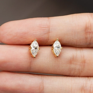 Marquise-cut moissanite stud earrings in gold-plated S925 sterling silver settings