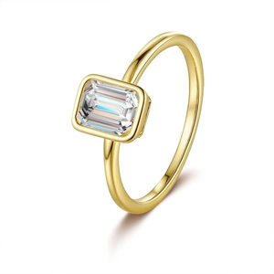 Minimalist S925 silver ring with 18K gold plating and emerald cut moissanite bezel setting