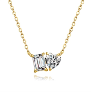 Collier en Argent Sterling 925 Moissanite Minimaliste Pendentif Double Pierre Taille Émeraude Et Coeur Plaqué Or