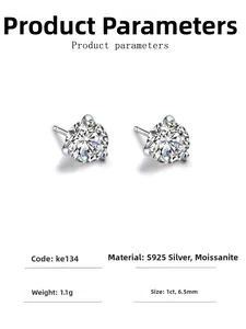 Close-up of 1 carat moissanite stud earrings in S925 sterling silver four-prong setting