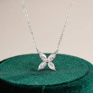 S925 sterling silver four-leaf clover pendant necklace with marquise cut moissanite stones
