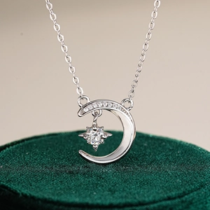 925 Sterling Silver Moissanite Star Moon Pendant Necklace For Women Dainty Minimalist Clavicle Chain Luxury Jewelry Gift