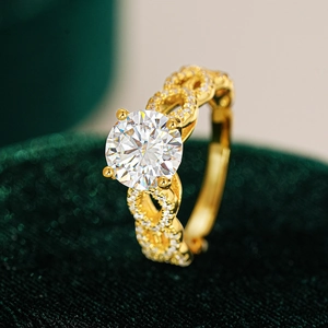 Macro shot of 18K gold plated S925 silver ring with four-prong moissanite setting