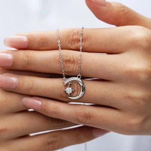 S925 sterling silver star and moon pendant necklace with sparkling moissanite stones