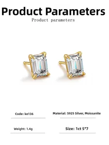 Macro shot of 1ct emerald-cut moissanite earrings with 925 silver studs and gold plating