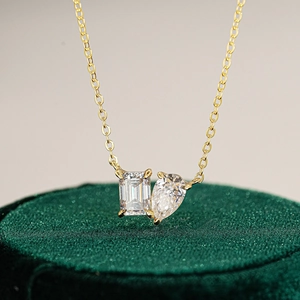 Gold S925 sterling silver necklace with emerald and pear cut moissanite stones